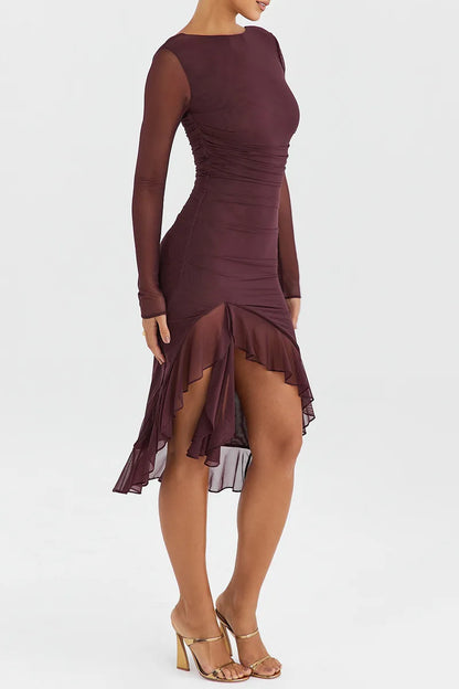 Mozision Elegant Ruffled Midi Dress - Sheer Long Sleeve, Backless Party Style