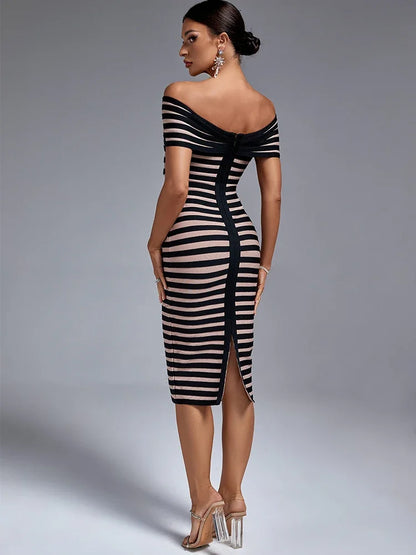 Off-Shoulder Midi Bandage Dress - Elegant Striped Bodycon Party Dress for Women, Summer 2023 Runway Style