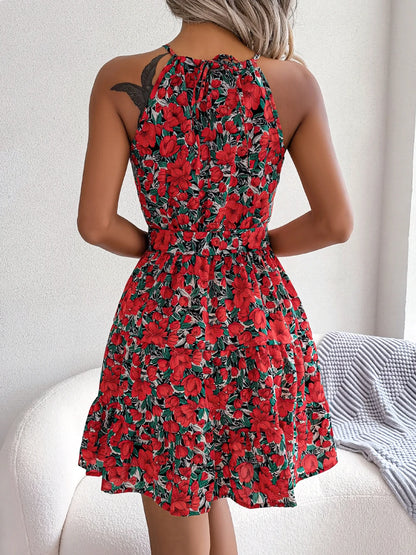 Women Summer Casual Floral Print Ruffle Halter Dress