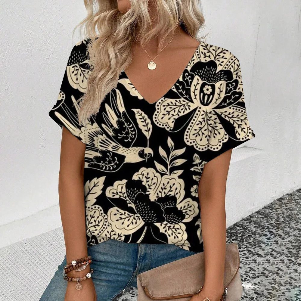 Elegant Women’s V-Neck T-Shirt with Floral Print