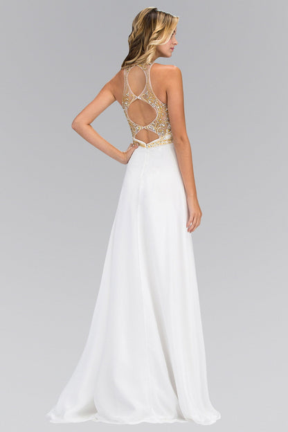 Jewel and Bead Embellished Long Dress with Back Cut Out